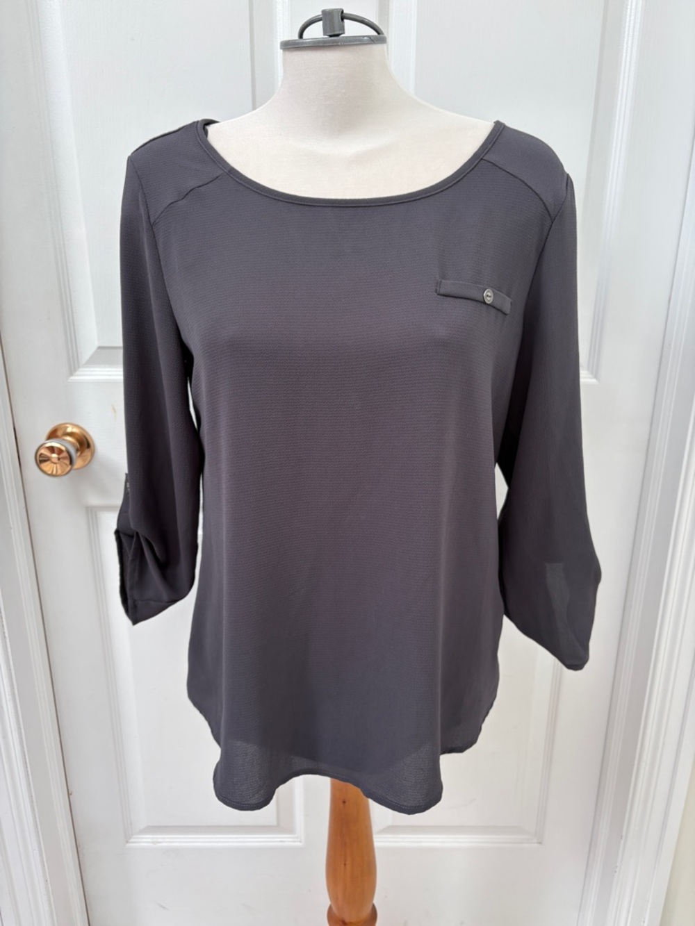 Women's Dark Gray Scoop Neck Blouse with Button-Tab Detail
